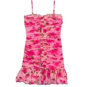 NWT Katie J NYC Joey Sweetheart Ruched Mesh Dress Pink Rose Print